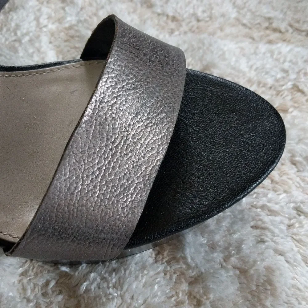 Franco Sarto Silver and Black Leather Platform Sandals